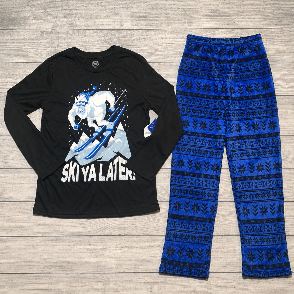 Wonder Nation Boys Ski Ya Later Yeti Pajama Set L 10-12 Black Blue NWT
